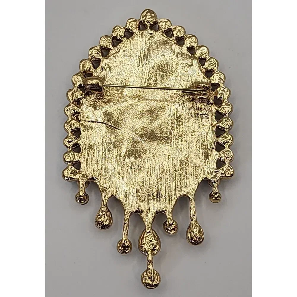 Blue Enamel & Faux Pearl Brooch Starry Night Shield Design & Hanging Rhinestones